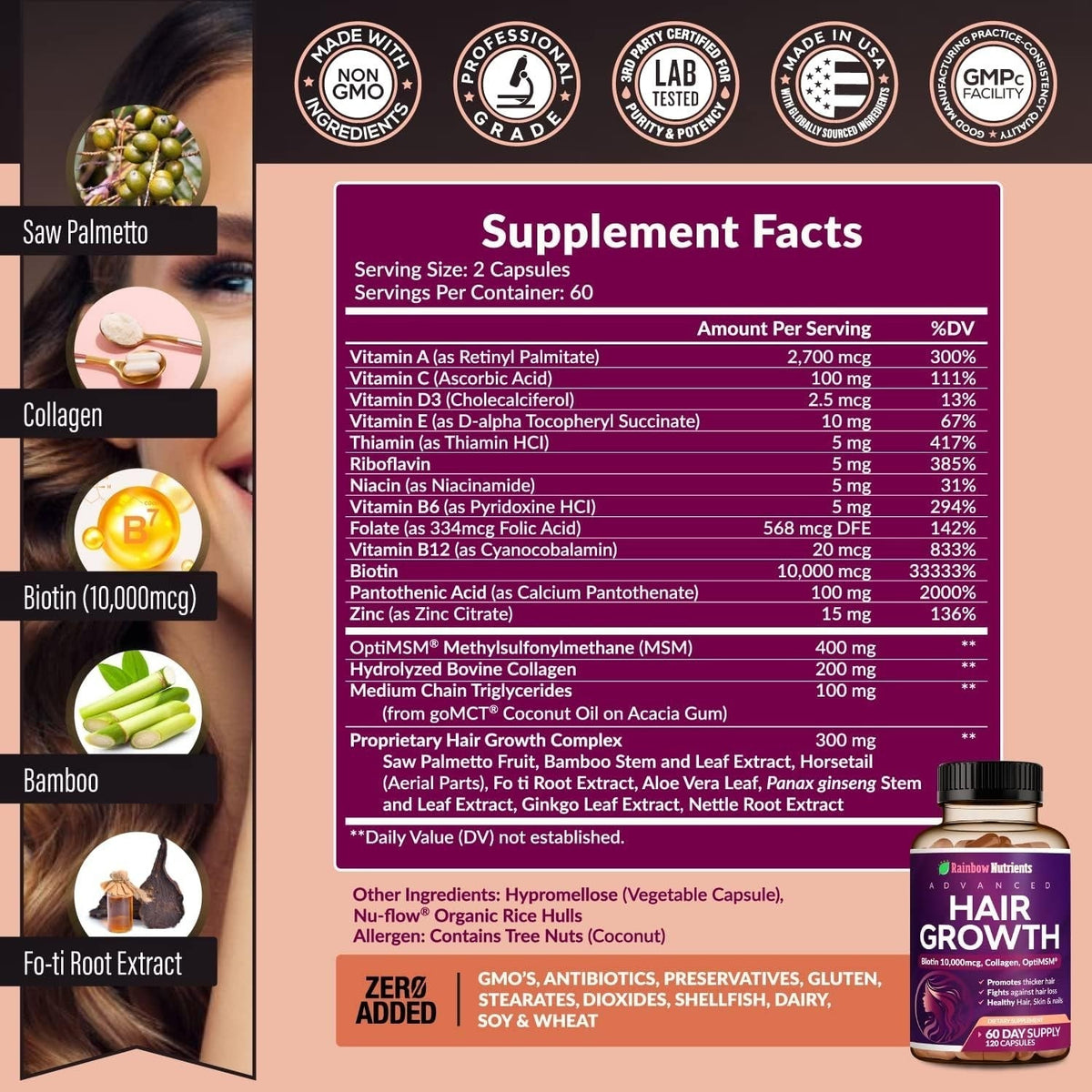 Hair Growth Vitamins for Women | Biotin 10,000Mcg, Collagen, Patented Optimsm®,