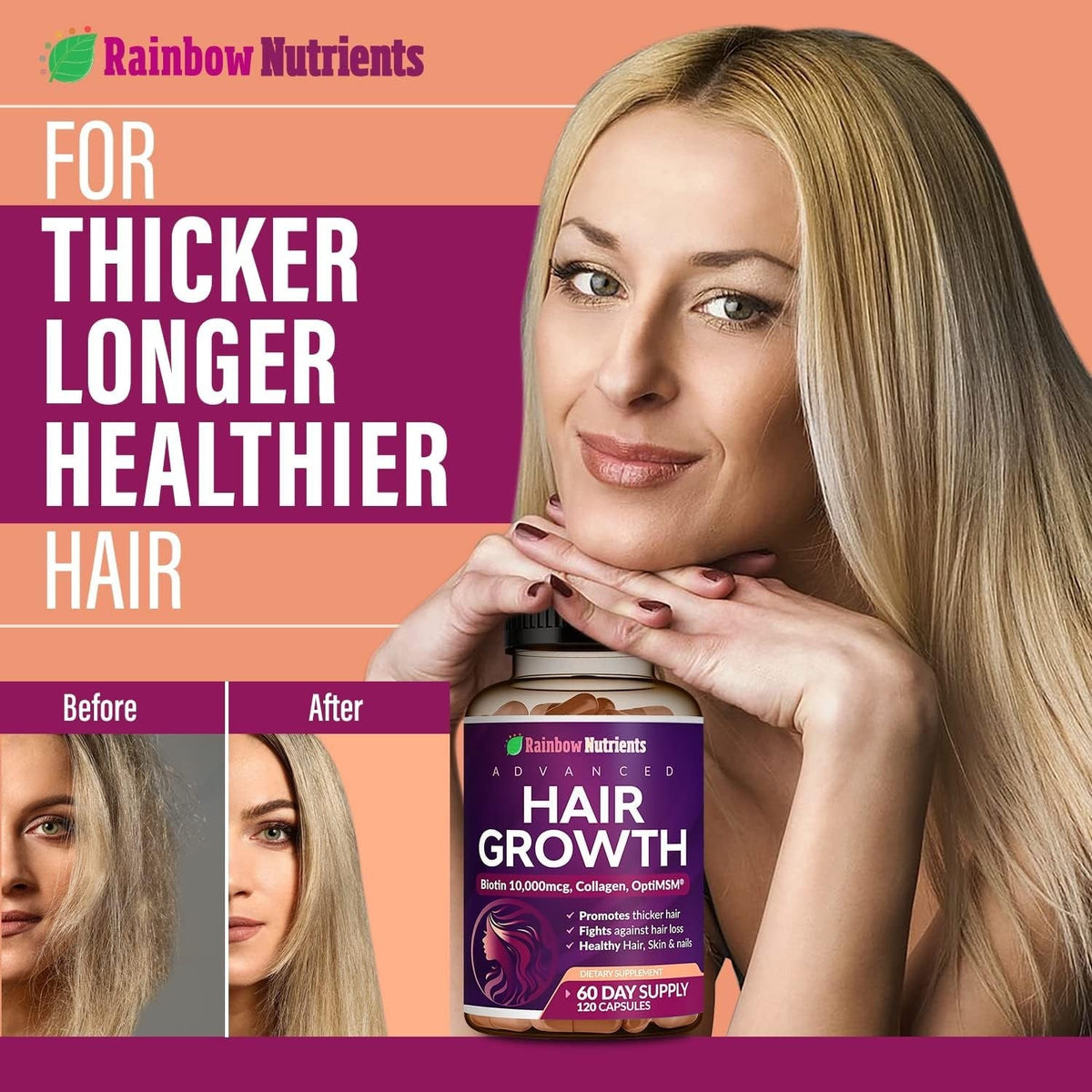 Hair Growth Vitamins for Women | Biotin 10,000Mcg, Collagen, Patented Optimsm®,