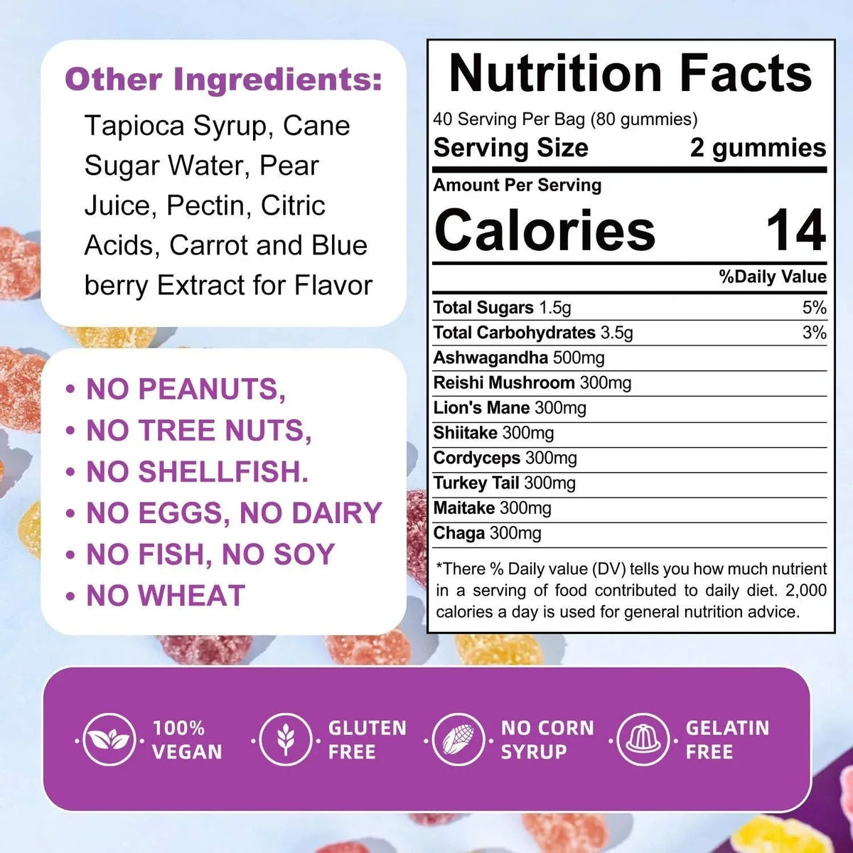 Organic & Functional Mushroom Gummies Supplement ASHWAGANDHA,REISHI