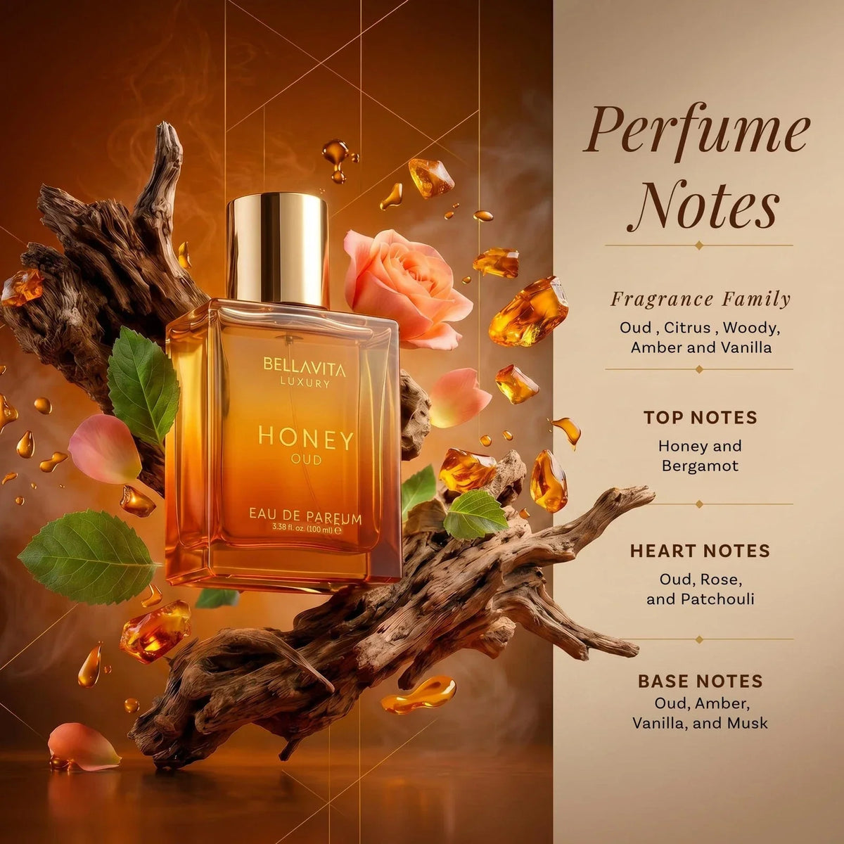 Bellavita Luxury Honey Oud Eau de Parfum | 100 ml (3.4 3.38 Fl Oz (Pack of 1)