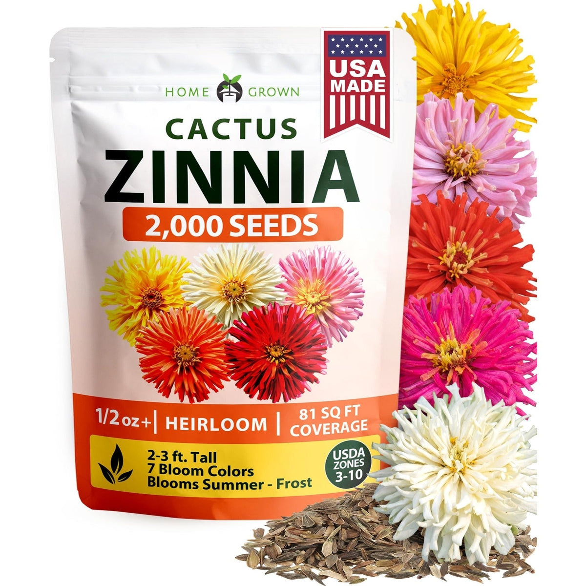 Cactus Mix Zinnia Seeds - 2,000 Seeds - Large Cut-Flower Blooms (1/2 oz)