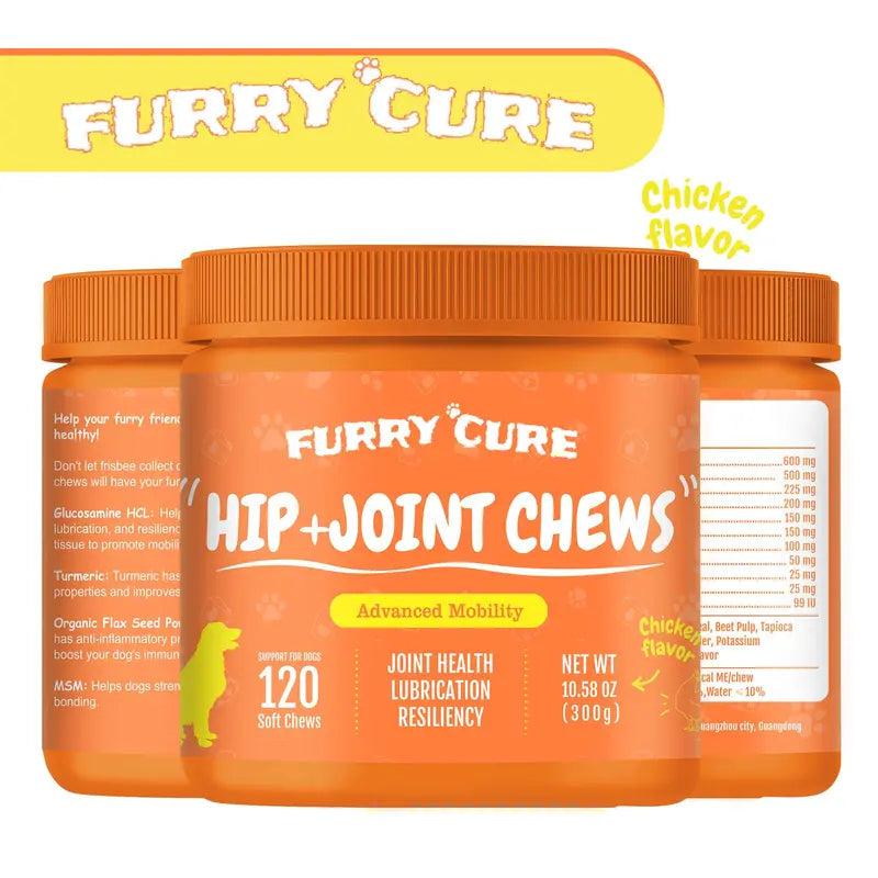 FURRY CURE Hip & Joint Chews for Dogs, Chicken Flavor, Advanced Mobility Support, 120 Soft Chews (300g)