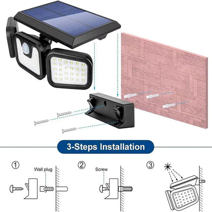 Solar-Powered Outdoor Wall Light with 3-Head Rotating Motion Sensor, Waterproof 74 LEDs for Yard and Garden