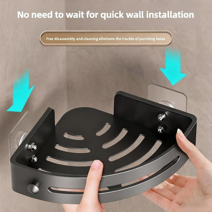 **3-Tier Black Corner Shower Shelf, No-Drill Adhesive Bathroom Organizer with Hooks