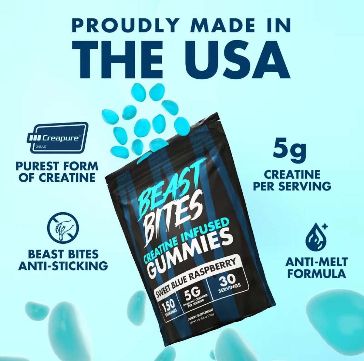 Beast Bites Creatine Gummies – 5g Creatine, Sweet Blue Raspberry – 150 Gummies