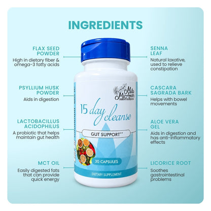 15 Day Cleanse - Gut and Colon Support | Caffeine Free | Advanced Formula with Senna, Cascara Sagrada, & Psyllium Husk | Non-GMO | 30 capsules
