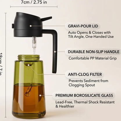 **2-Pack Glass Oil Dispenser Set, Olive Green & Amber Bottles with Black Handles, 2-in-1 Oil Sprayer and Pourer**