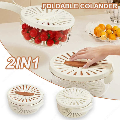 **2-in-1 Fruit & Vegetable Drain Basket with Lid, Foldable Handle & Dual-Layer Colander**