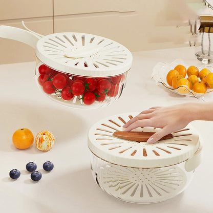 **2-in-1 Fruit & Vegetable Drain Basket with Lid, Foldable Handle & Dual-Layer Colander**