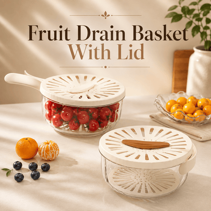 **2-in-1 Fruit & Vegetable Drain Basket with Lid, Foldable Handle & Dual-Layer Colander**