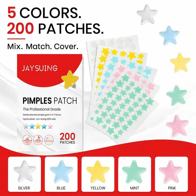 JAYSUING Pimple Patches for Face, Colorful Star Hydrocolloid Acne Patches, Cute Zit Covers & Blemish Spot Stickers, 3 Sizes, 200 Count, Skin Care Patches