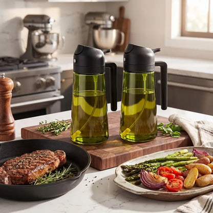 2 in 1 Olive Oil Sprayer & Dispenser 470ml Green Glass Bottle，2PCS