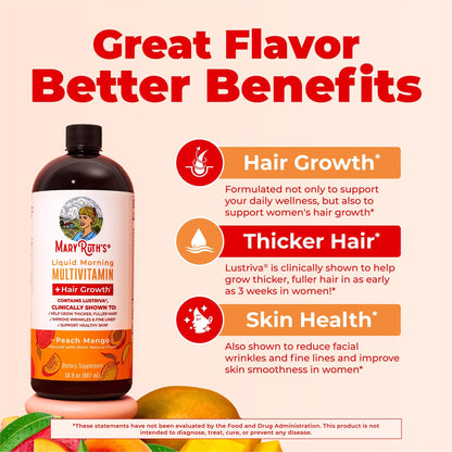 MaryRuth's Liquid Morning Multivitamin + Hair Growth with Biotin & LustrivaR - Peach  Mango, 30 oz