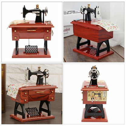 Vintage Mini Sewing Machine Music Box with Drawer – Retro Wooden Treadle Sewing Machine Decor
