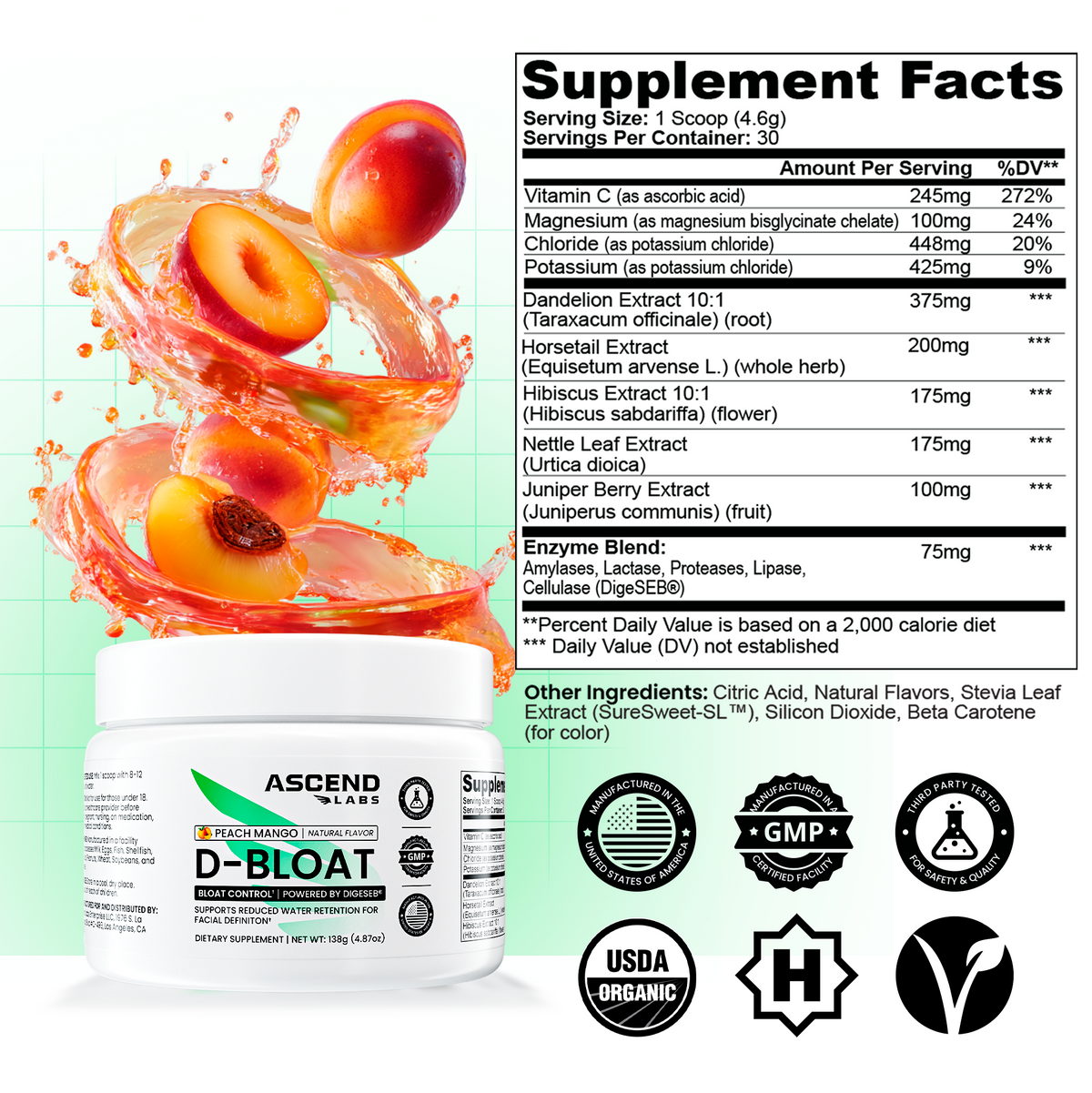 D-BLOAT Daily Debloat Powder - ASCEND LABS - 30 Servings - Natural Bloating Relief & Water Retention Support - Dietary Supplement