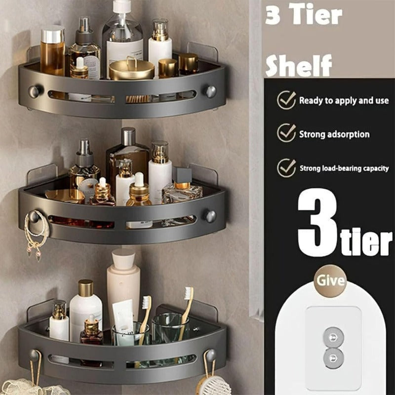 **3-Tier Black Corner Shower Shelf, No-Drill Adhesive Bathroom Organizer with Hooks