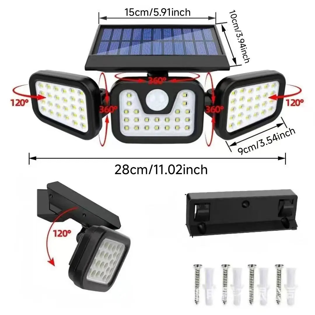 Solar-Powered Outdoor Wall Light with 3-Head Rotating Motion Sensor, Waterproof 74 LEDs for Yard and Garden