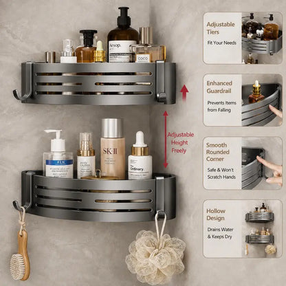 1 Pack No Drill Adhesive Corner Shower Caddy with Hooks & Toothpaste Holder