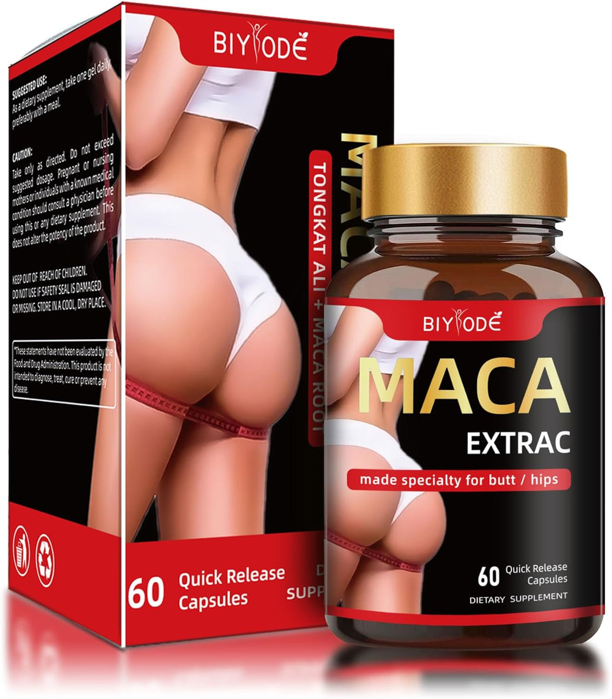 Organic Maca Root Capsules - Natural Butt Enhancement Pills for Women | Lift, Firm & Curve Buttocks | 60 Capsules