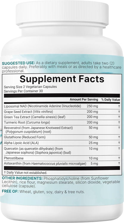 Liposomal NAD+ Ultimate 1,000mg | 60 Veggie Capsules | NMN Pathway Formula | 10-in-1 with Resveratrol, Glutathione & Astaxanthin | NAD Supplement for Women & Men | Anti-Aging, Energy, & Brain Support