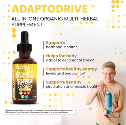 Organic Maca Root Liquid Drops with Ashwagandha, Fenugreek, Beet Root & L-Arginine – Liquid Multivitamin for Women & Men – Adapto Drive