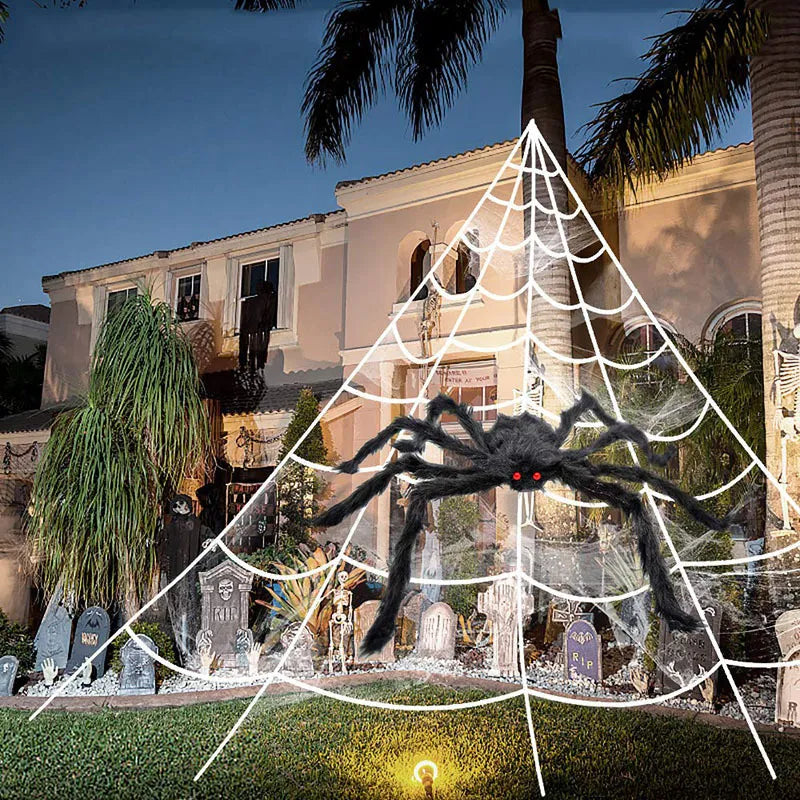 Halloween Decorations Giant Triangular Spider Web With Plush Big Spider Set Scary Outdoor Yard Party Haunted House Props Decor