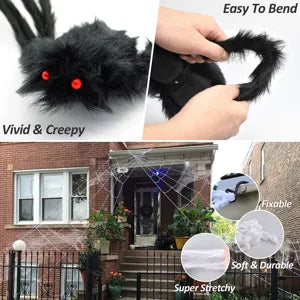 Halloween Decorations Giant Triangular Spider Web With Plush Big Spider Set Scary Outdoor Yard Party Haunted House Props Decor