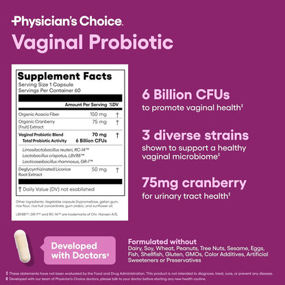 Women’s Vaginal Probiotics Advanced pH, Odor & Yeast Support 6 Billion CFU with Organic Prebiotics & Cranberry Feminine Health Formula 30 Capsules