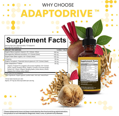 Organic Maca Root Liquid Drops with Ashwagandha, Fenugreek, Beet Root & L-Arginine – Liquid Multivitamin for Women & Men – Adapto Drive