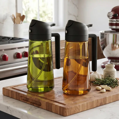 2 in 1 Olive Oil Sprayer & Dispenser 470ml Green Glass Bottle，2PCS