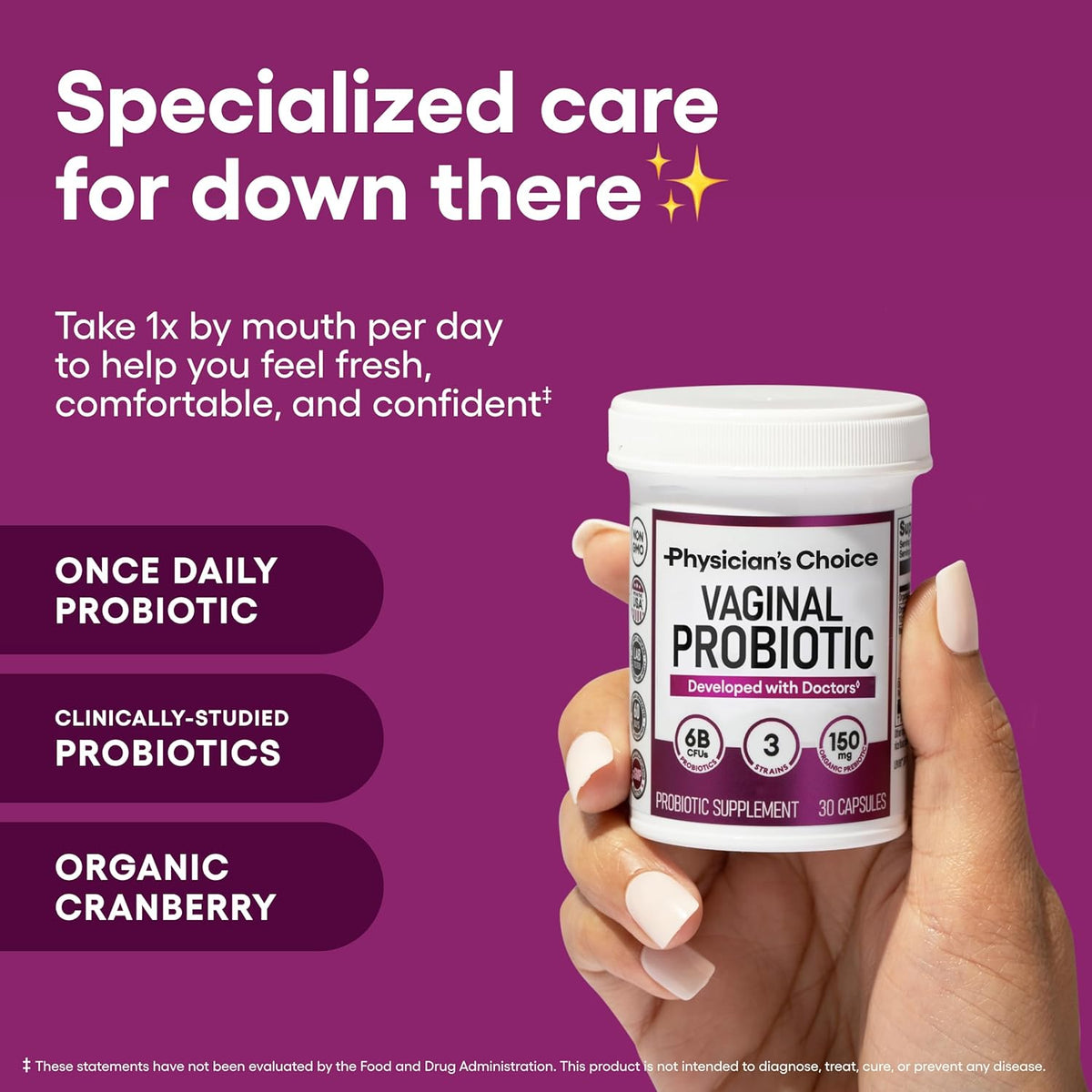 Women’s Vaginal Probiotics Advanced pH, Odor & Yeast Support 6 Billion CFU with Organic Prebiotics & Cranberry Feminine Health Formula 30 Capsules