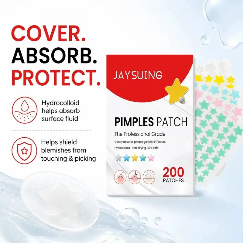 JAYSUING Pimple Patches for Face, Colorful Star Hydrocolloid Acne Patches, Cute Zit Covers & Blemish Spot Stickers, 3 Sizes, 200 Count, Skin Care Patches