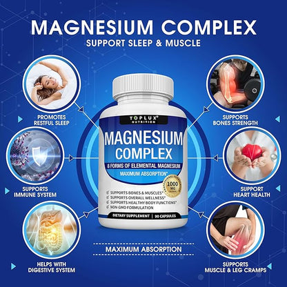 Magnesium Complex Supplement 8 Elemental 1000mg - Magnesium Glycinate, Citrate, Malate, Taurate, Chelated for Easy Absorption for Bones, Muscle, Recovery, Energy, Vegan Non-GMO 90 Capsules