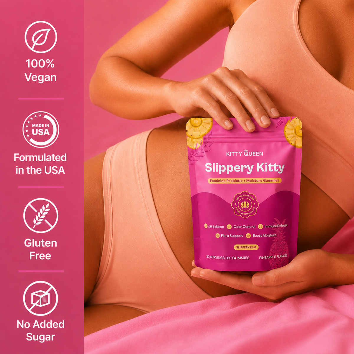 Kitty Queen Slippery Kitty Feminine Probiotic Gummies – Pineapple Flavor with Slippery Elm & Probiotics, 30 Gummies