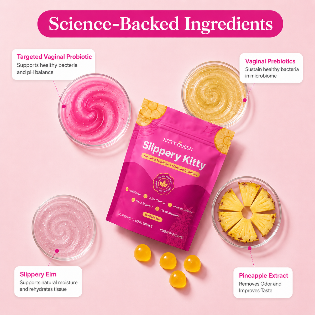 Kitty Queen Slippery Kitty Feminine Probiotic Gummies – Pineapple Flavor with Slippery Elm & Probiotics, 30 Gummies