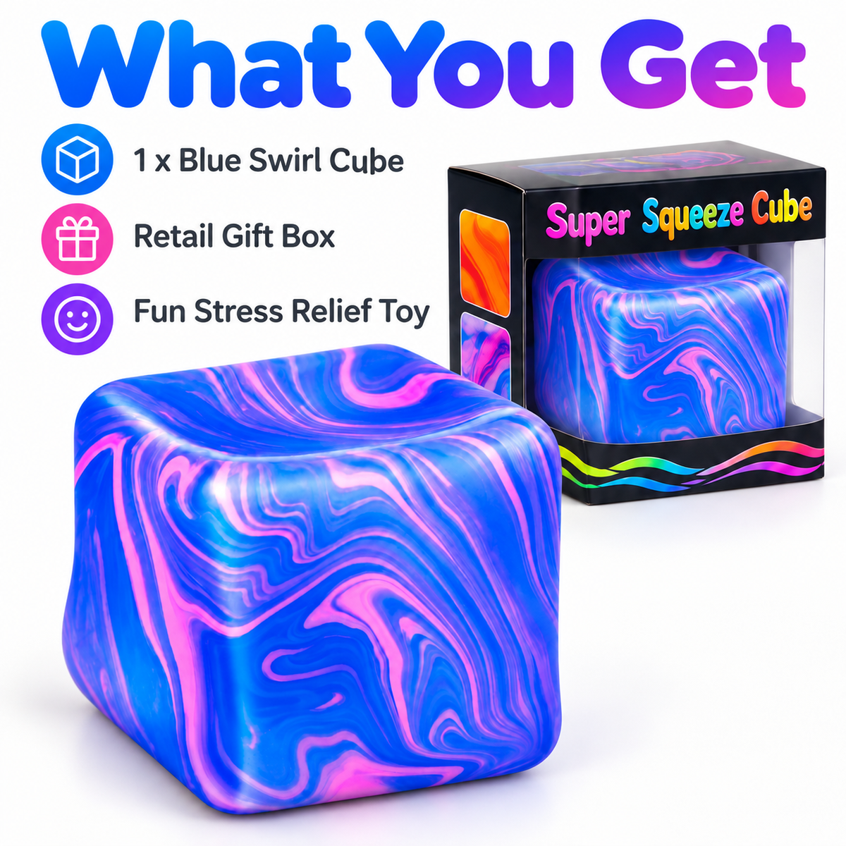 Blue Marble Swirl Cube Squishy Toy, Soft Squeeze Stress Relief Fidget, Single Piece