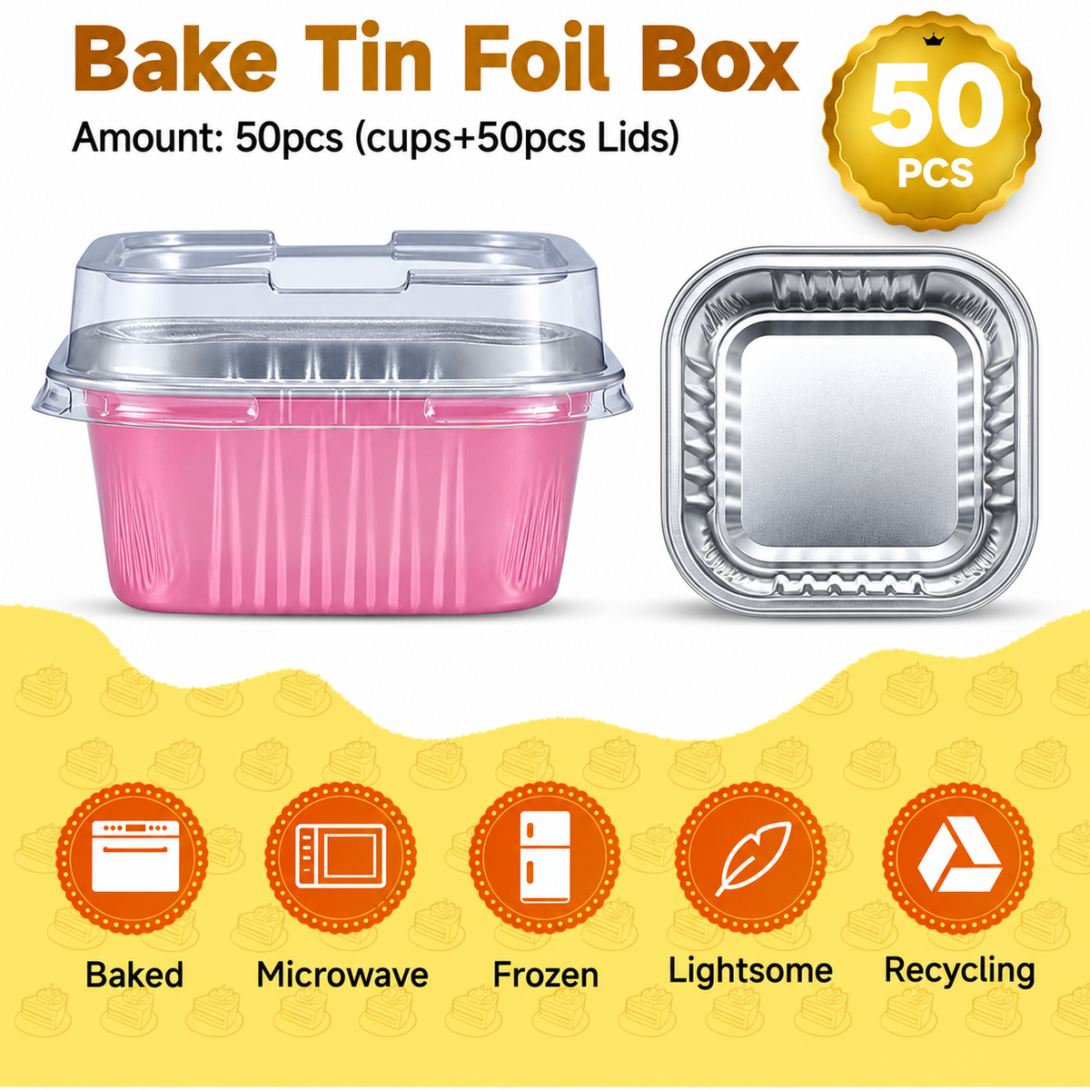 50 Pcs Aluminum Foil Mini Square Baking Cups with Lids,5oz Disposable Ramekins