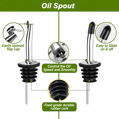 Olive Oil Dispenser Bottle Set, 2-Pack 17oz Green Glass Bottles with Stainless Steel Pourers