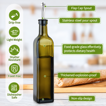 Olive Oil Dispenser Bottle Set, 2-Pack 17oz Green Glass Bottles with Stainless Steel Pourers