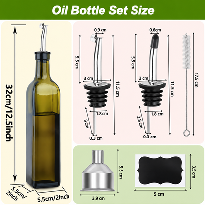 Olive Oil Dispenser Bottle Set, 2-Pack 17oz Green Glass Bottles with Stainless Steel Pourers