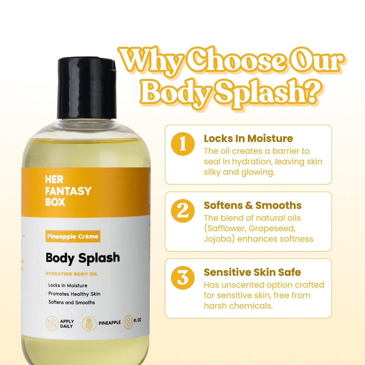 Her Fantasy Box Pineapple Crème Body Splash – Hydrating Skin-Smoothing Body Oil – 8 fl oz