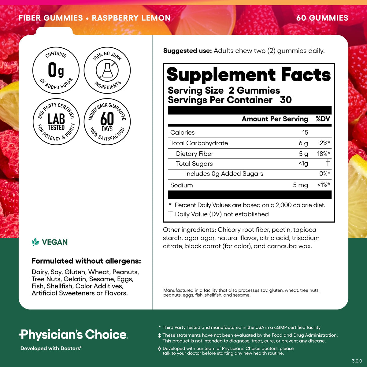 Physician’s Choice Prebiotic Fiber Gummies – 5g Fiber, Raspberry Lemon – 60 Count