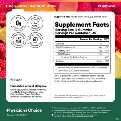 Physician’s Choice Prebiotic Fiber Gummies – 5g Fiber, Raspberry Lemon – 60 Count