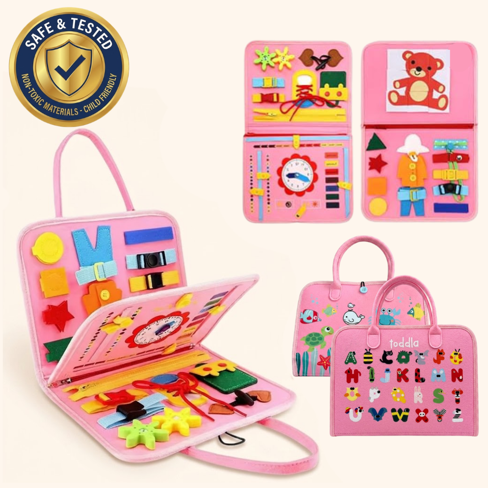 Toddla™ Travel Busy Board for Toddlers – Montessori Sensory Learning Toy for Hands-On Play at Home & On the Go