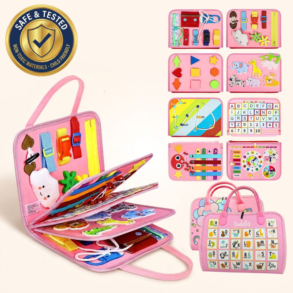 Toddla™ Travel Busy Board for Toddlers – Montessori Sensory Learning Toy for Hands-On Play at Home & On the Go