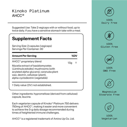 Kinoko Platinum AHCC 750mg – Acylated Alpha-Glucan Immune Support Supplement, 60 Vegicaps