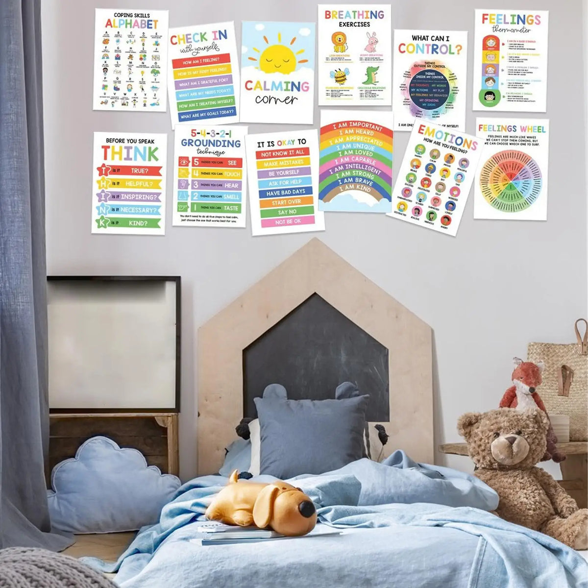 12-Piece Calming Corner Posters for Kids – Mental Health, Emotions Chart, Coping Skills, Breathing Exercises & Feelings Wheel for Classroom and Home