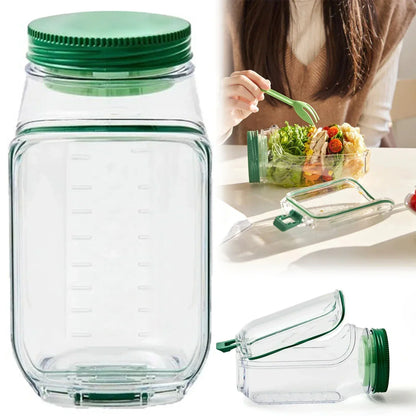 Leakproof Side-Opening Salad Jar with Dressing Cup – Portable Salad Pod Container with Green Lid for Meal Prep, Office, Travel & Picnics