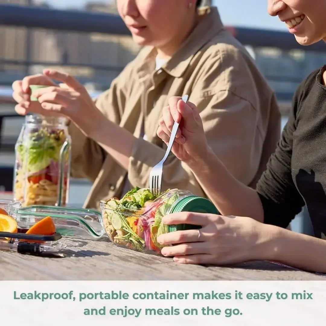Leakproof Side-Opening Salad Jar with Dressing Cup – Portable Salad Pod Container with Green Lid for Meal Prep, Office, Travel & Picnics