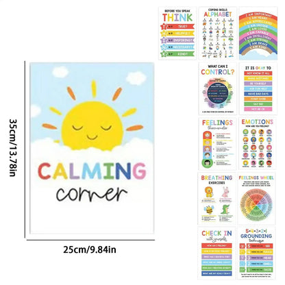 12-Piece Calming Corner Posters for Kids – Mental Health, Emotions Chart, Coping Skills, Breathing Exercises & Feelings Wheel for Classroom and Home